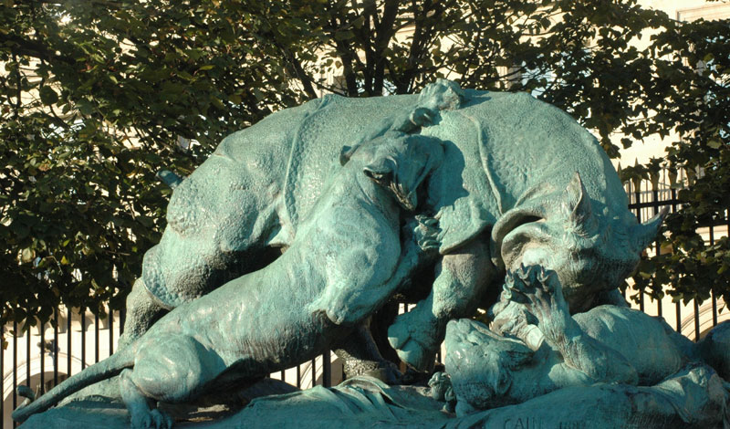 Rhinocéros attaqué par les tigres. Auguste Cain.